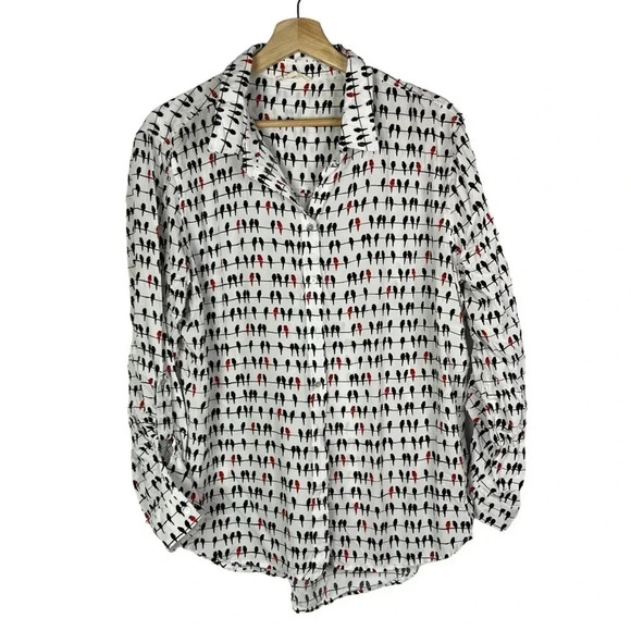 Jane and Delancey White Black & Red Bird Long Sleeve Button Down XL - Picture 1 of 3
